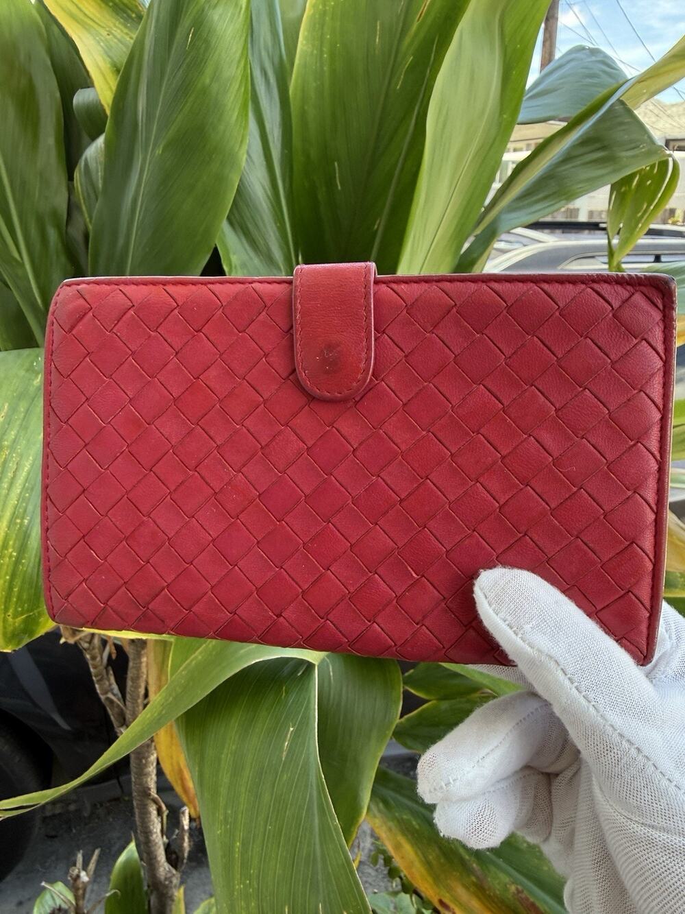 Bottega Veneta Intrecciato Woven Red Leather Lambskin Bifold